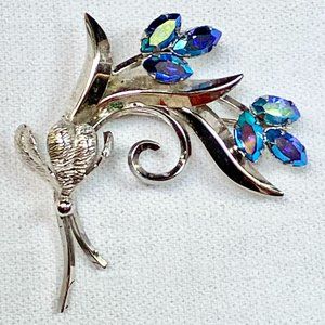 1950s 1960s Sterling Silver & Blue Aurora Borealis Rhinestone Brooch